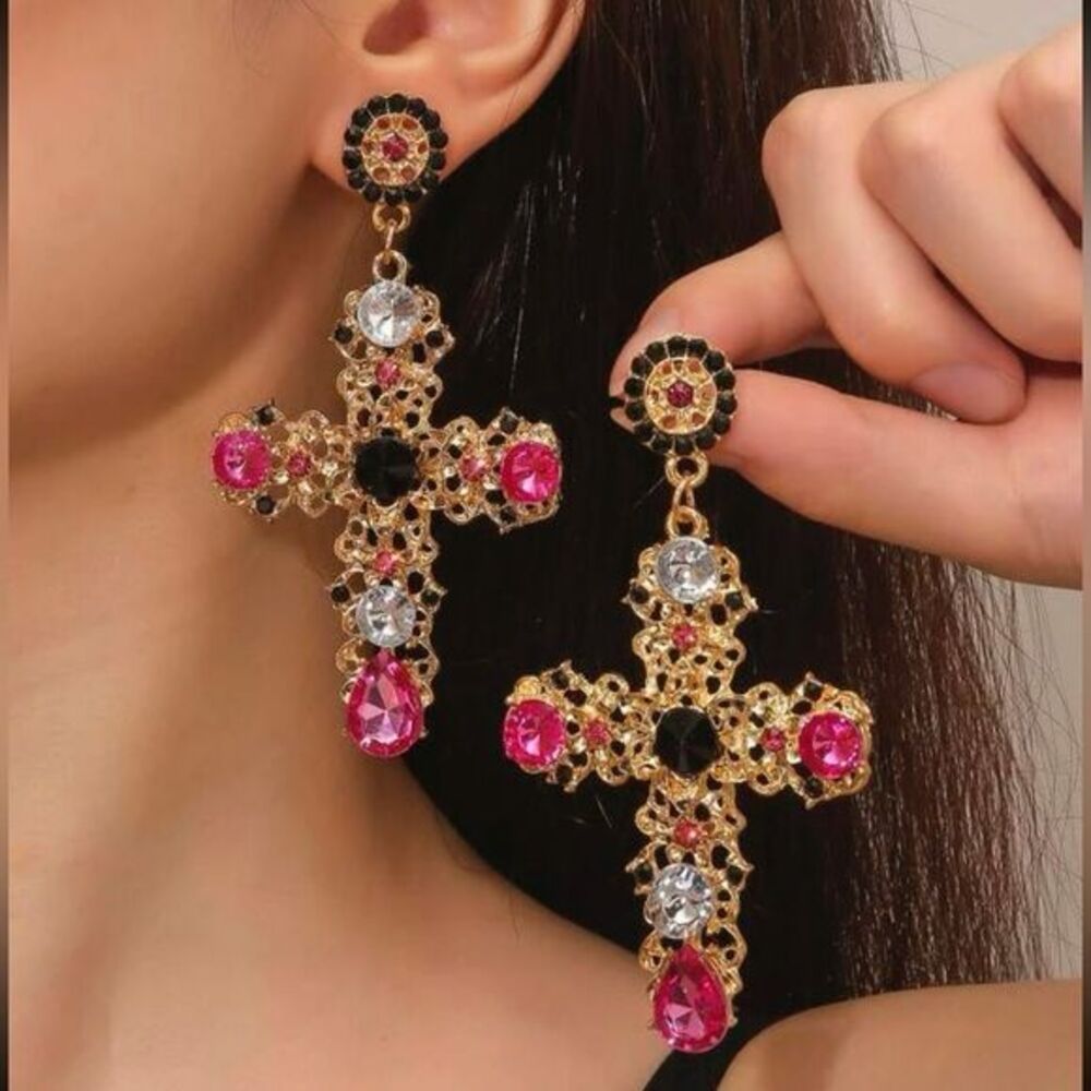Vintage Renaissance Vamp Gothic Gold Jeweled Cross Fillagree Statement Earrings